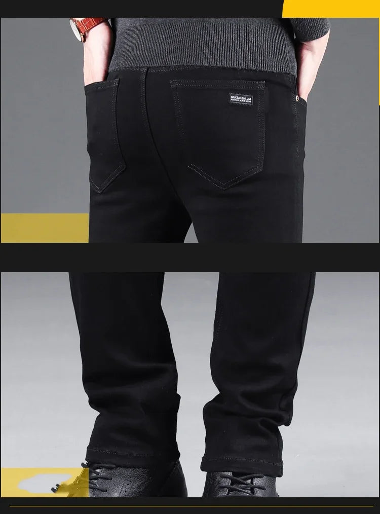 NEXDENIM™ | Men’s Pure Black Slim Jeans – Elastic Straight Fit Korean Vintage Denim Pants for Business & Casual Wear