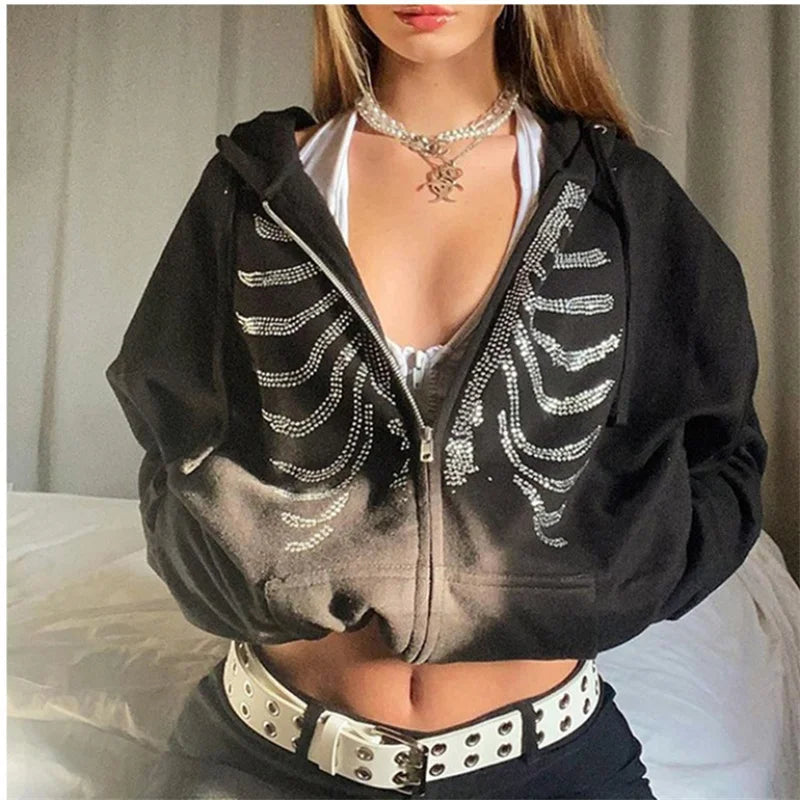 CHILL&THRILL™|Women Black Zip Up Oversized Sweatshirt, Streetwear Y2K Rhinestone Skeleton Hoodie