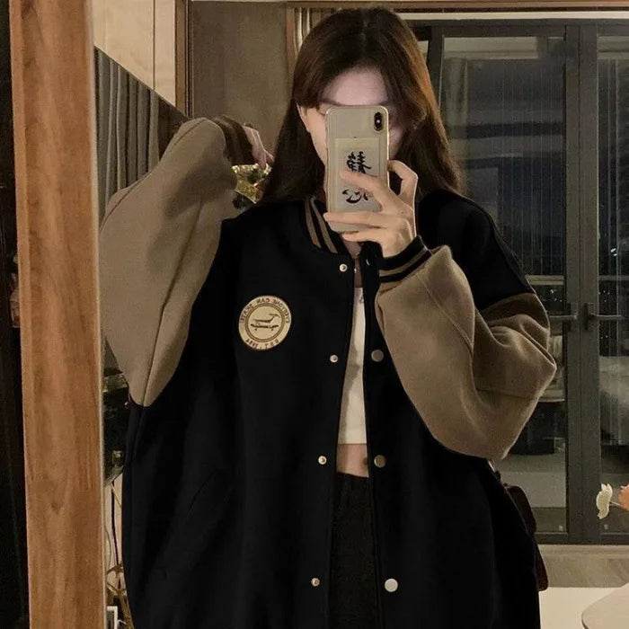 LAZYCHIC™ Retro Plush Baseball Jacket for Women Autumn/Winter Thickened Loose Fit Casual Outerwear