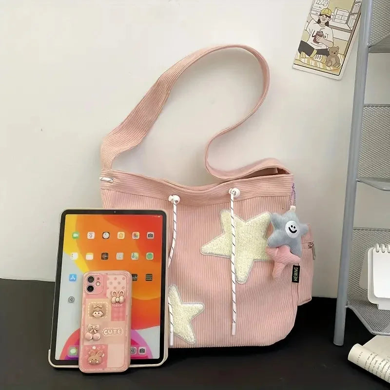 STARLOOM™ Simple Star Pattern Large Tote Bag, Corduroy Drawstring Shoulder Bag, Cute Tote Canvas Bag