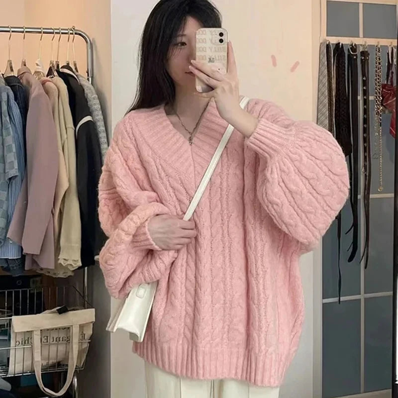 THE COZY COLLECTIVE™ |Adorable Autumn/Winter Sweater for Women, Oversized Knitted Pullovers Long Sleeve V Neck Knitwear