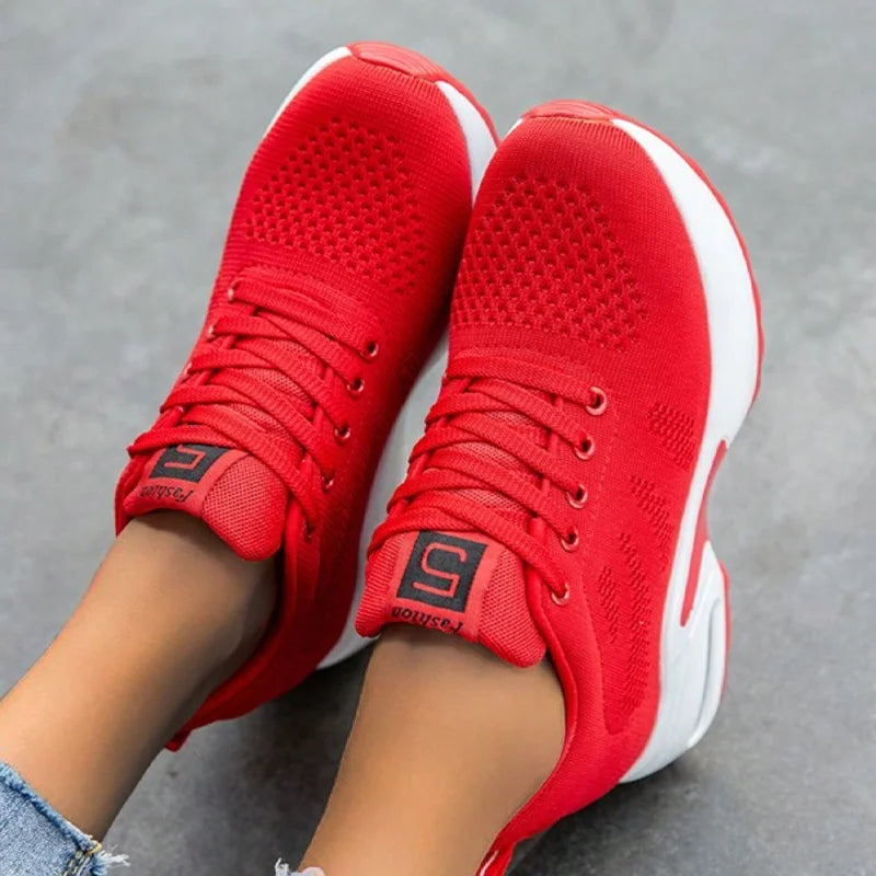FOOTIQUE™ 2025 NEW Women Sport Shoes Air Cushion Sneakers Air Mesh Runing Training Red Shoes Non-Slip Lace Up Shoes