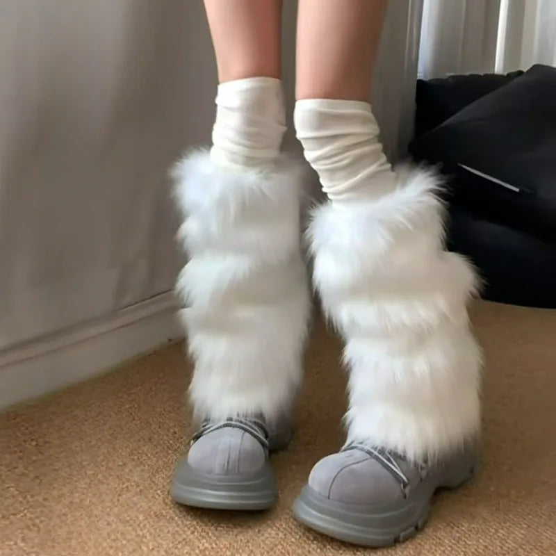 KAWAICORE™ | Lolita Plush Fur Leg Warmers – Japanese Y2K Style, White/Black Thickened Knee-Length Stockings & Boot Covers for Winter