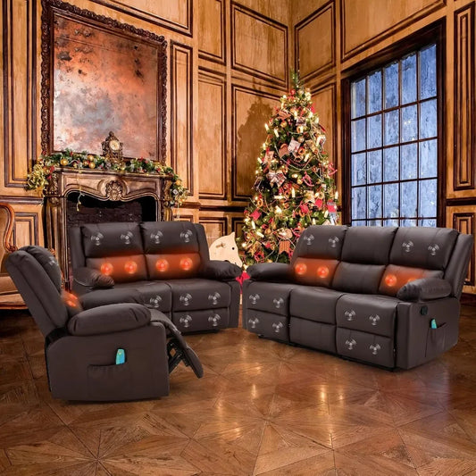COMFYCOVE™ 3 Pieces Recliner Sofa Set, Overstuffed Recliner Sofa with Massage AND Heat Function, Modern Manual Control Faux Leather Couch Set