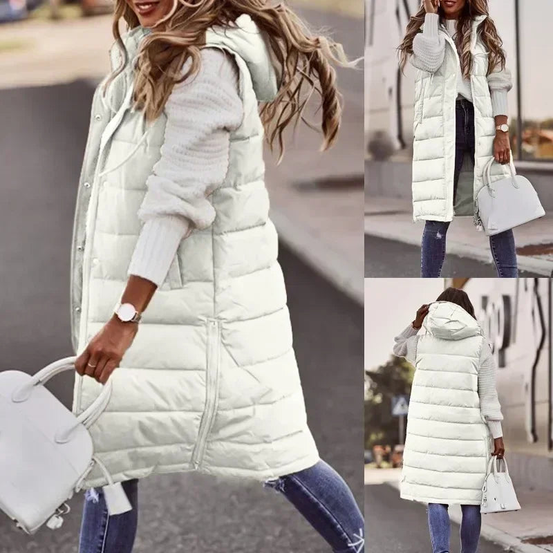 ELZO™ Chic Hooded Zipper Jacket Autumn Winter Women Long Oversize Waistcoat Sleeveless Fashion Warm Quilted Vest Down Coat