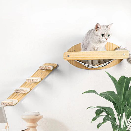 NEW EVEREST™3Pcs Cat Hammock with Four Step Sisal Stairways or Scratching Posts Set Wall Mounted Wooden Cats Furniture Climbing Shelf Perch