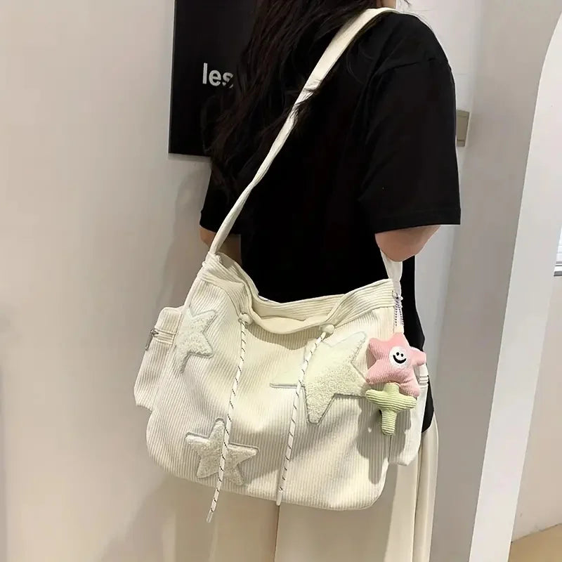 STARLOOM™ Simple Star Pattern Large Tote Bag, Corduroy Drawstring Shoulder Bag, Cute Tote Canvas Bag