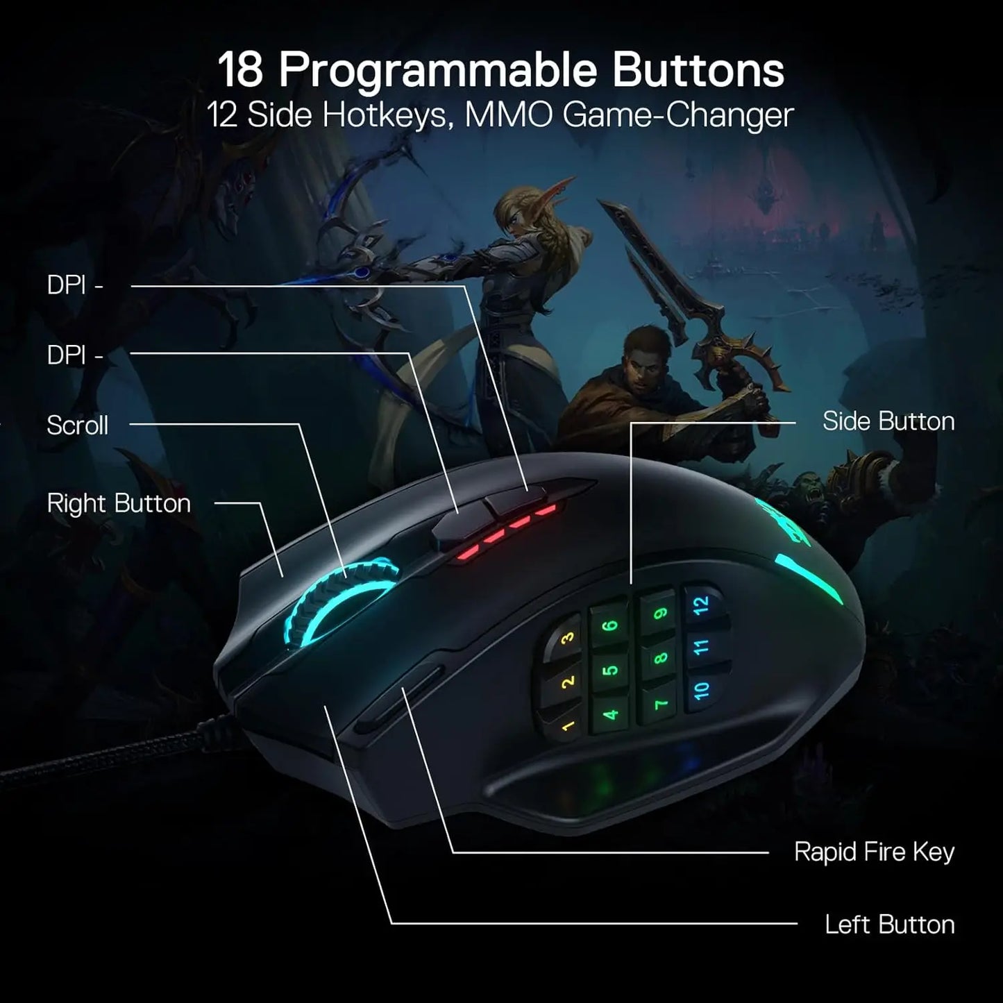 REDRAGON M908 | RGB Backlit USB Wired Gaming Mouse – 18 Programmable Buttons, 12400 DPI