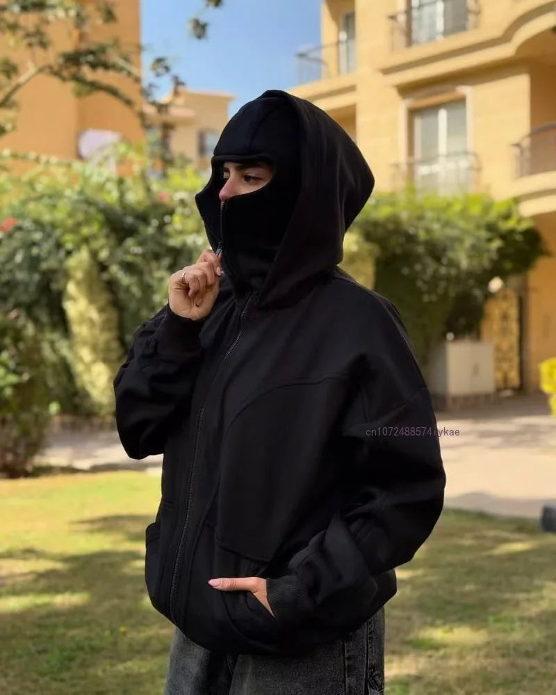 ALLZIPPEDUP ™️Black Cotton Zipper Hoodie Men Women Ins New Masked Tide Warm Sweatshirt Fall Winter Long-sleeved Couple Outdoor Leisure Jacket