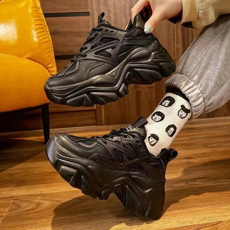 LUMINA™ | 2024 Women’s Fashion Platform Sneakers – Chunky Mesh & Leather Sport Shoes, Summer Casual Black Trainers