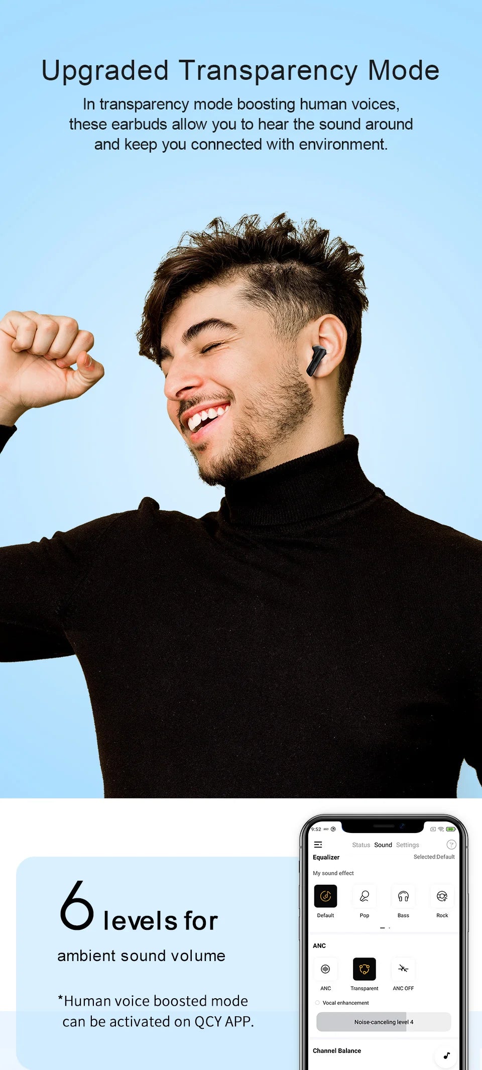 QCY™ HT05 ANC Wireless Earbuds 40dB Noise Cancelling Bluetooth 5.2 6-Mic ENC HD Call Transparency Mode TWS