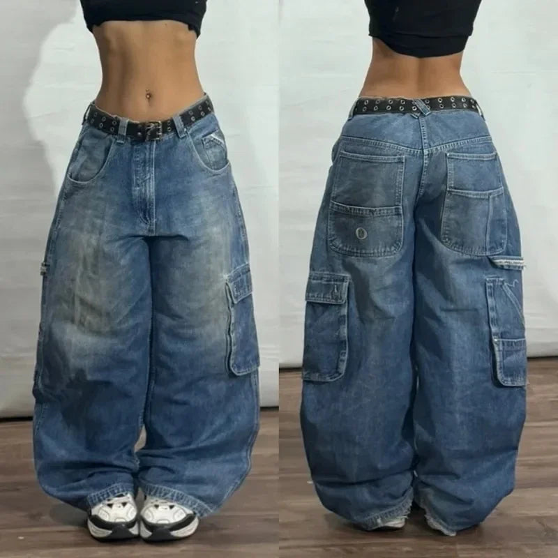 URBANY2K™ | Vintage Embroidered Baggy Jeans – Unisex Wide-Leg High Street Pants, Y2K Retro Hip Hop Casual Couple Style