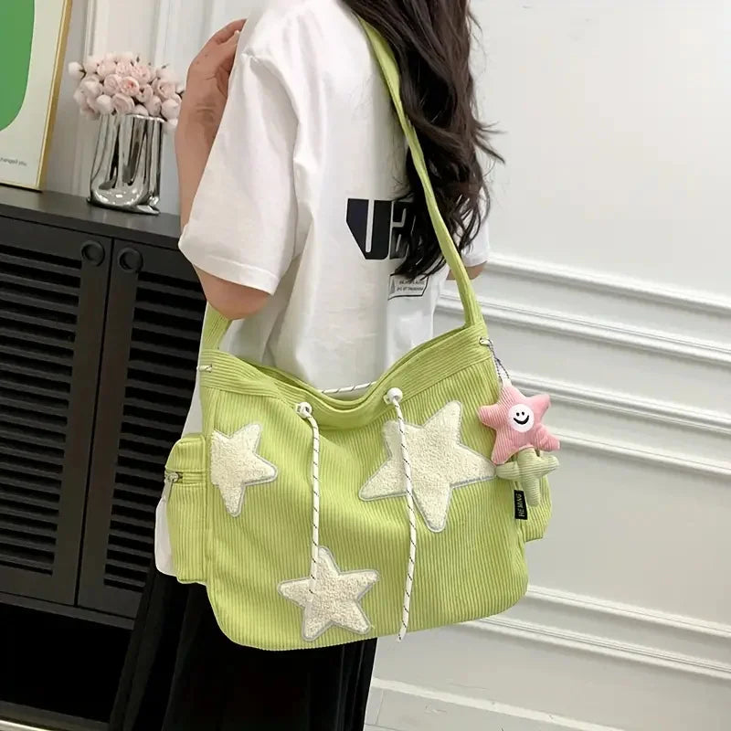 STARLOOM™ Simple Star Pattern Large Tote Bag, Corduroy Drawstring Shoulder Bag, Cute Tote Canvas Bag