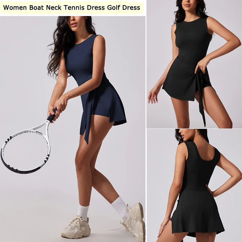 VITALINOVO™ | Women’s Sleeveless Tennis Dress with Built-In Shorts – Boat Neck Athletic Skort Dress for Active Workouts & Sports