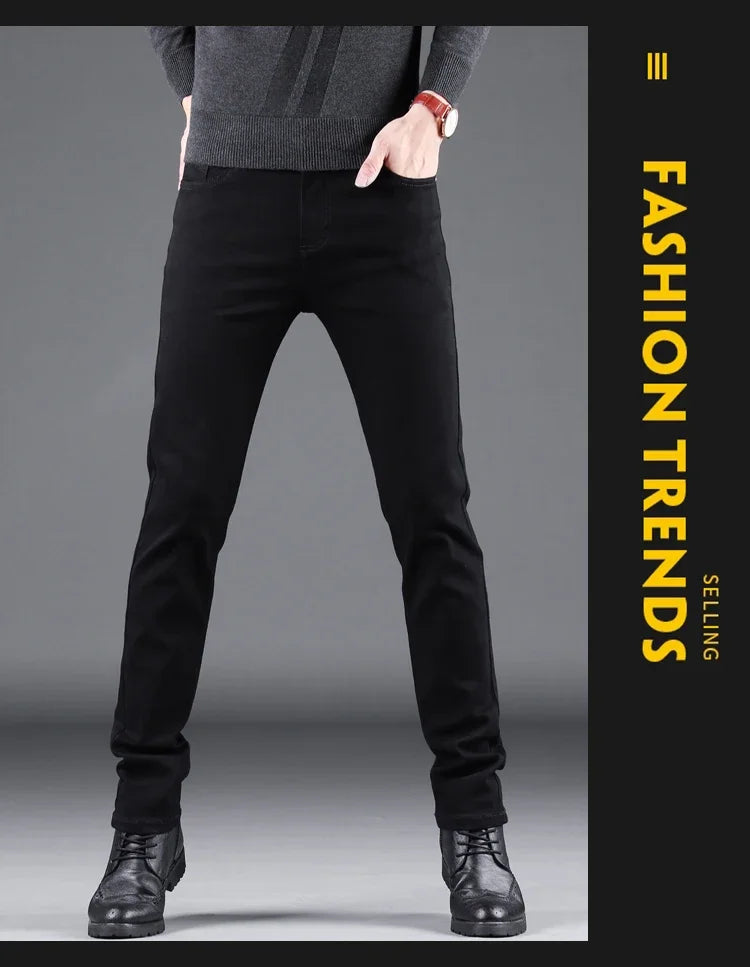 NEXDENIM™ | Men’s Pure Black Slim Jeans – Elastic Straight Fit Korean Vintage Denim Pants for Business & Casual Wear