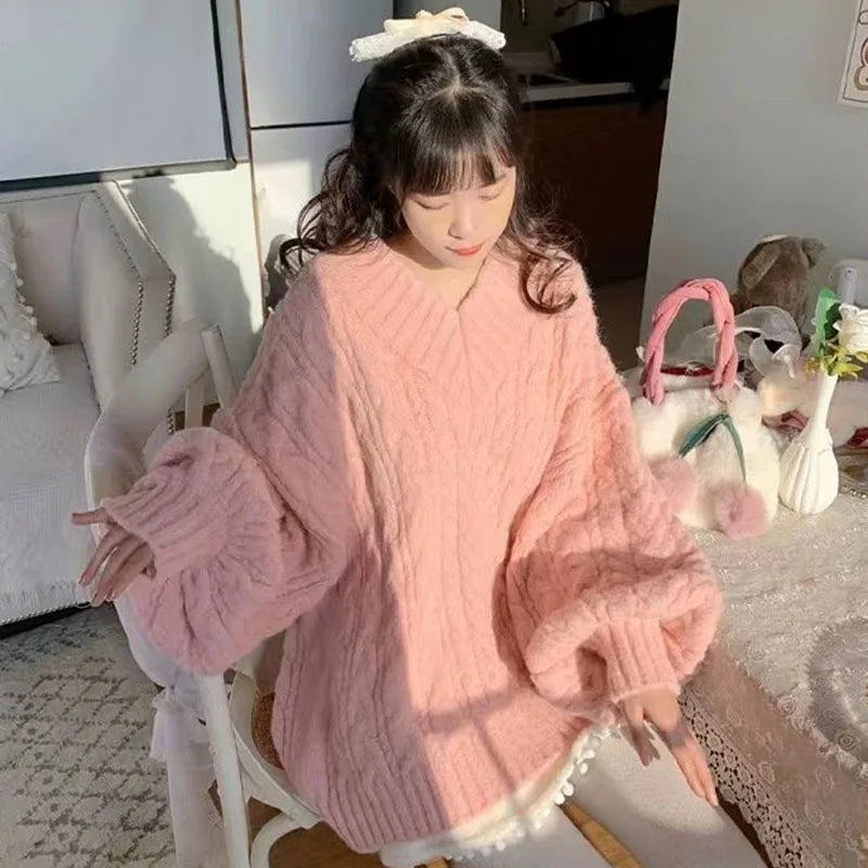THE COZY COLLECTIVE™ |Adorable Autumn/Winter Sweater for Women, Oversized Knitted Pullovers Long Sleeve V Neck Knitwear