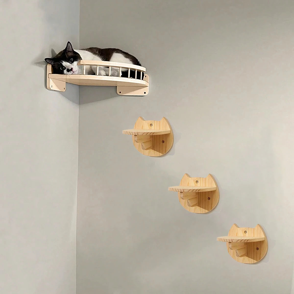 EVEREST™ CAT WALL SHELVES 3/4Pcs Corner Hammock with Steps Set Wall Mounted Cat Tree Climbing Shelf for Indoor Cats Wooden Hanging Sleeping Bed Furniture