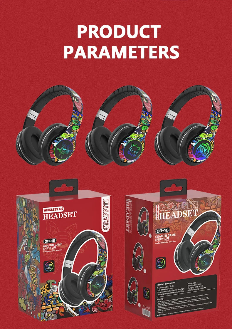 SOUND CLOUD HEADPHONES™ Glowing Bluetooth Headphones Graffiti Wireless Earphones With HD Mic Noise Cancel HiFi Deep Bass headset gamer Fone