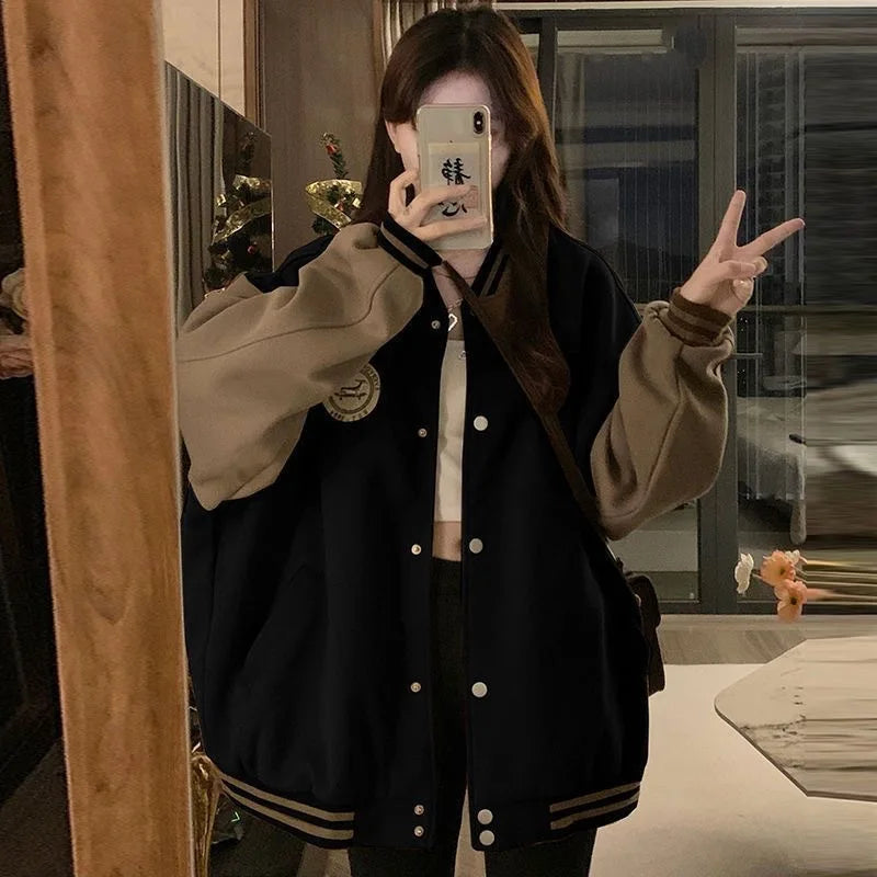 LAZYCHIC™ Retro Plush Baseball Jacket for Women Autumn/Winter Thickened Loose Fit Casual Outerwear