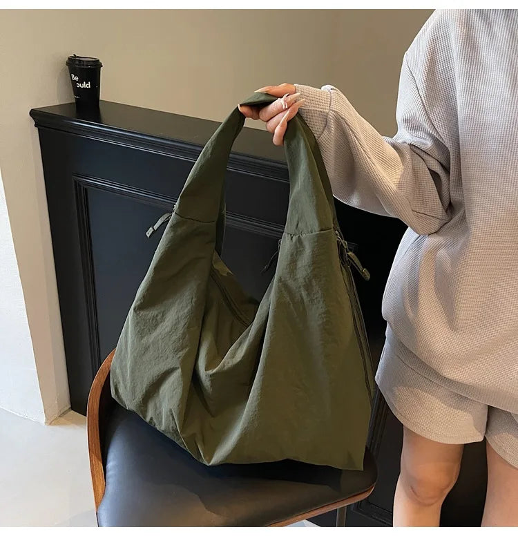 NYLOVA™ Chic Solid Color Nylon Tote Bag, Large Capacity Shoulder Bag with Multiple Zipper Pockets for College, Work & Everyday Use