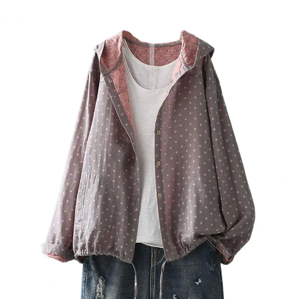 VESPA™ NEW Women Spring Autumn Coat Hooded Drawstring Hem Long Sleeve Printing Loose Zipper Closure Jacket with Pockets Daily Wear,