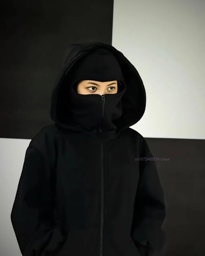 ALLZIPPEDUP ™️Black Cotton Zipper Hoodie Men Women Ins New Masked Tide Warm Sweatshirt Fall Winter Long-sleeved Couple Outdoor Leisure Jacket