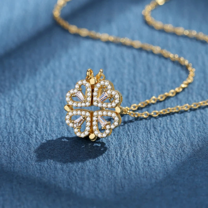 BARE ™️Stainless Steel Love Magnetic Pendant Necklace for Women Clover Necklace Heart Shaped Clover Necklace Pendant Jewelry Gift