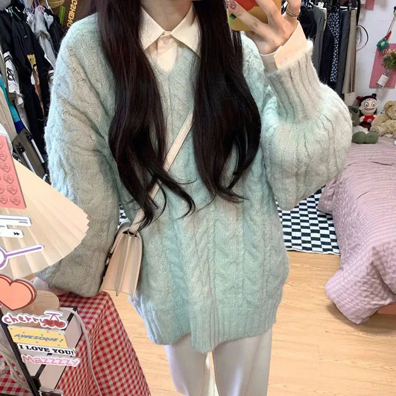 THE COZY COLLECTIVE™ |Adorable Autumn/Winter Sweater for Women, Oversized Knitted Pullovers Long Sleeve V Neck Knitwear