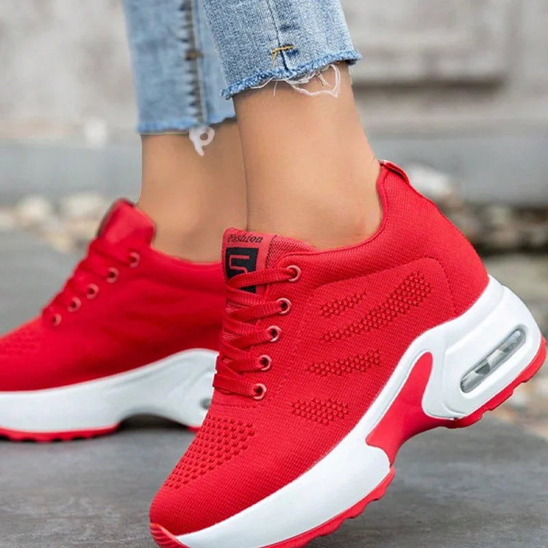FOOTIQUE™ 2025 NEW Women Sport Shoes Air Cushion Sneakers Air Mesh Runing Training Red Shoes Non-Slip Lace Up Shoes