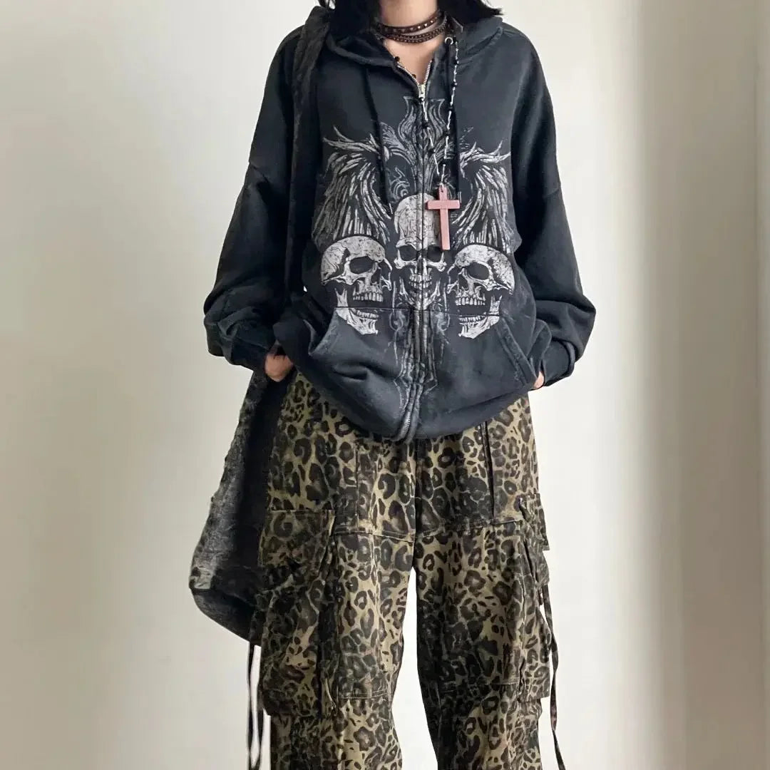 SKULLHAVEN™ | Dark Y2K Gothic American Retro Skull Print Zipper Hoodie – Unisex Autumn/Winter Streetwear Couple’s Hooded Coat