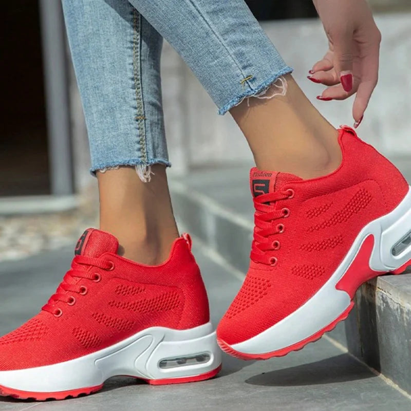 FOOTIQUE™ 2025 NEW Women Sport Shoes Air Cushion Sneakers Air Mesh Runing Training Red Shoes Non-Slip Lace Up Shoes