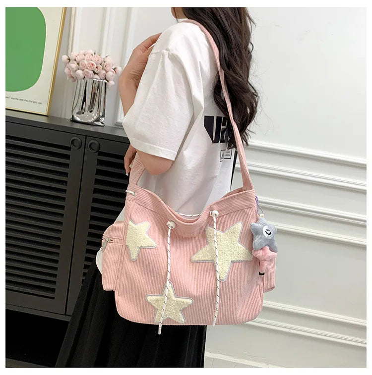 STARLOOM™ Simple Star Pattern Large Tote Bag, Corduroy Drawstring Shoulder Bag, Cute Tote Canvas Bag