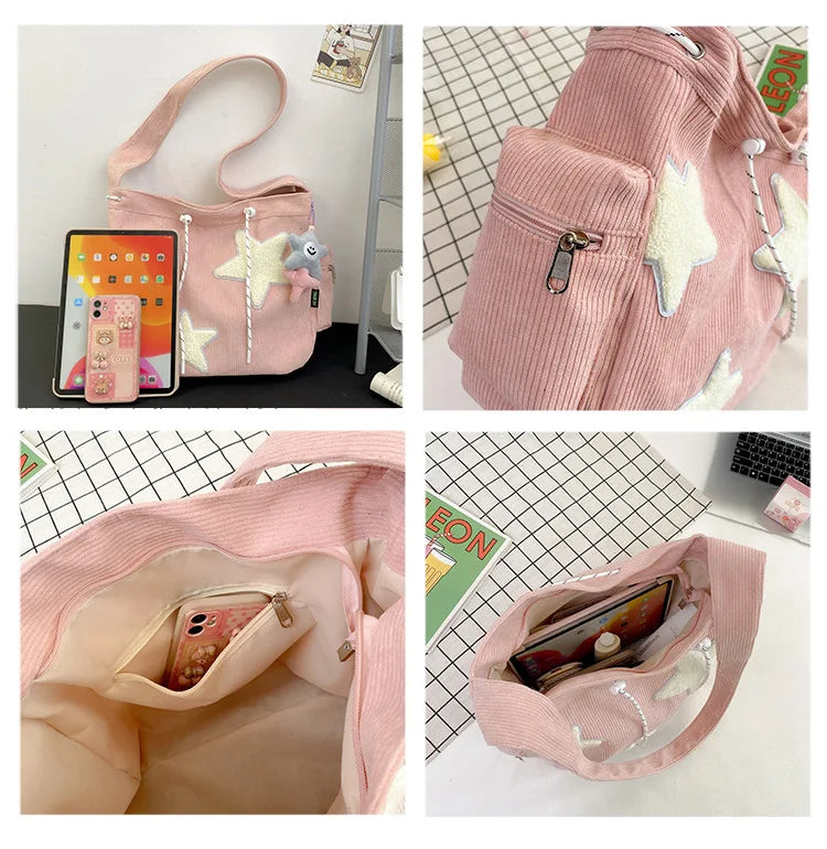 STARLOOM™ Simple Star Pattern Large Tote Bag, Corduroy Drawstring Shoulder Bag, Cute Tote Canvas Bag