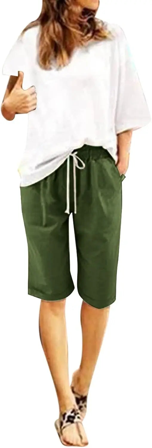 RIGHT FIT™️Summer Knee Length Shorts for Women 2025 Cotton Linen Bermuda Shorts Elastic Waist Workout Shorts Casual Loose Beach Shorts