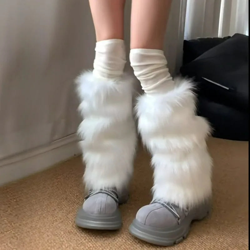 KAWAICORE™ | Lolita Plush Fur Leg Warmers – Japanese Y2K Style, White/Black Thickened Knee-Length Stockings & Boot Covers for Winter