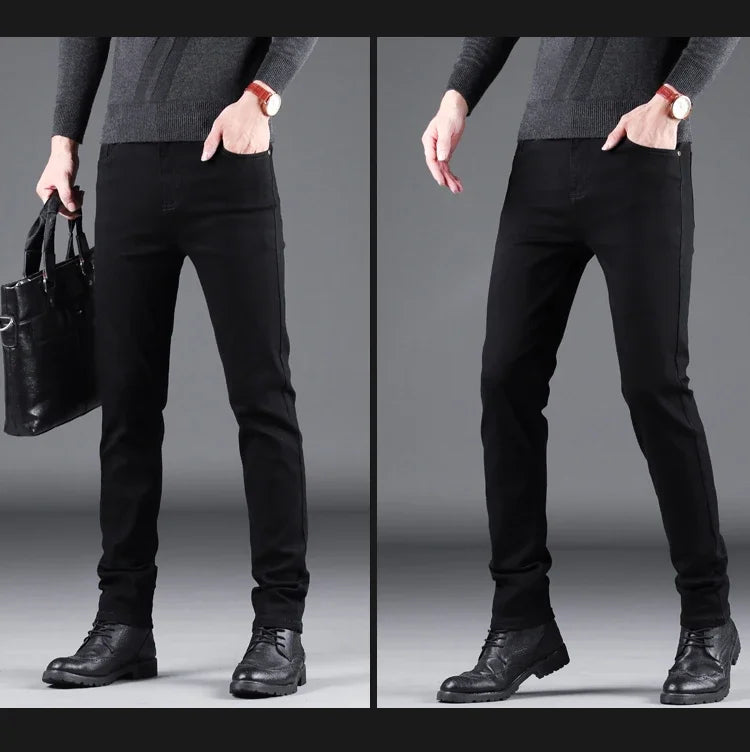 NEXDENIM™ | Men’s Pure Black Slim Jeans – Elastic Straight Fit Korean Vintage Denim Pants for Business & Casual Wear