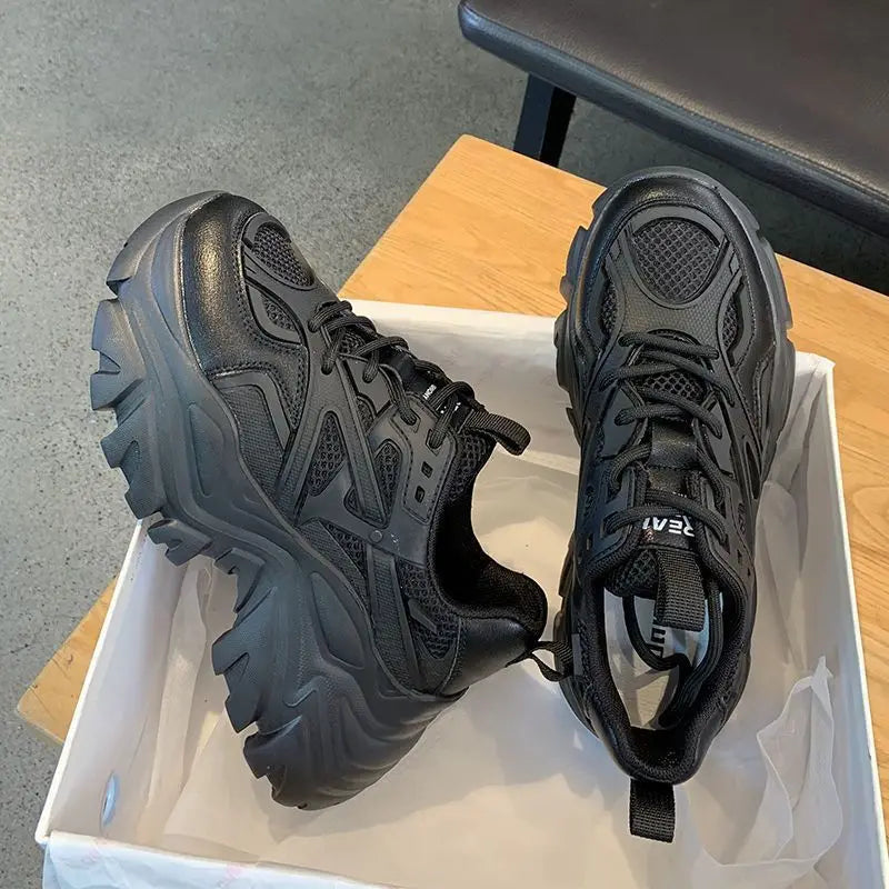 LUMINA™ | 2024 Women’s Fashion Platform Sneakers – Chunky Mesh & Leather Sport Shoes, Summer Casual Black Trainers