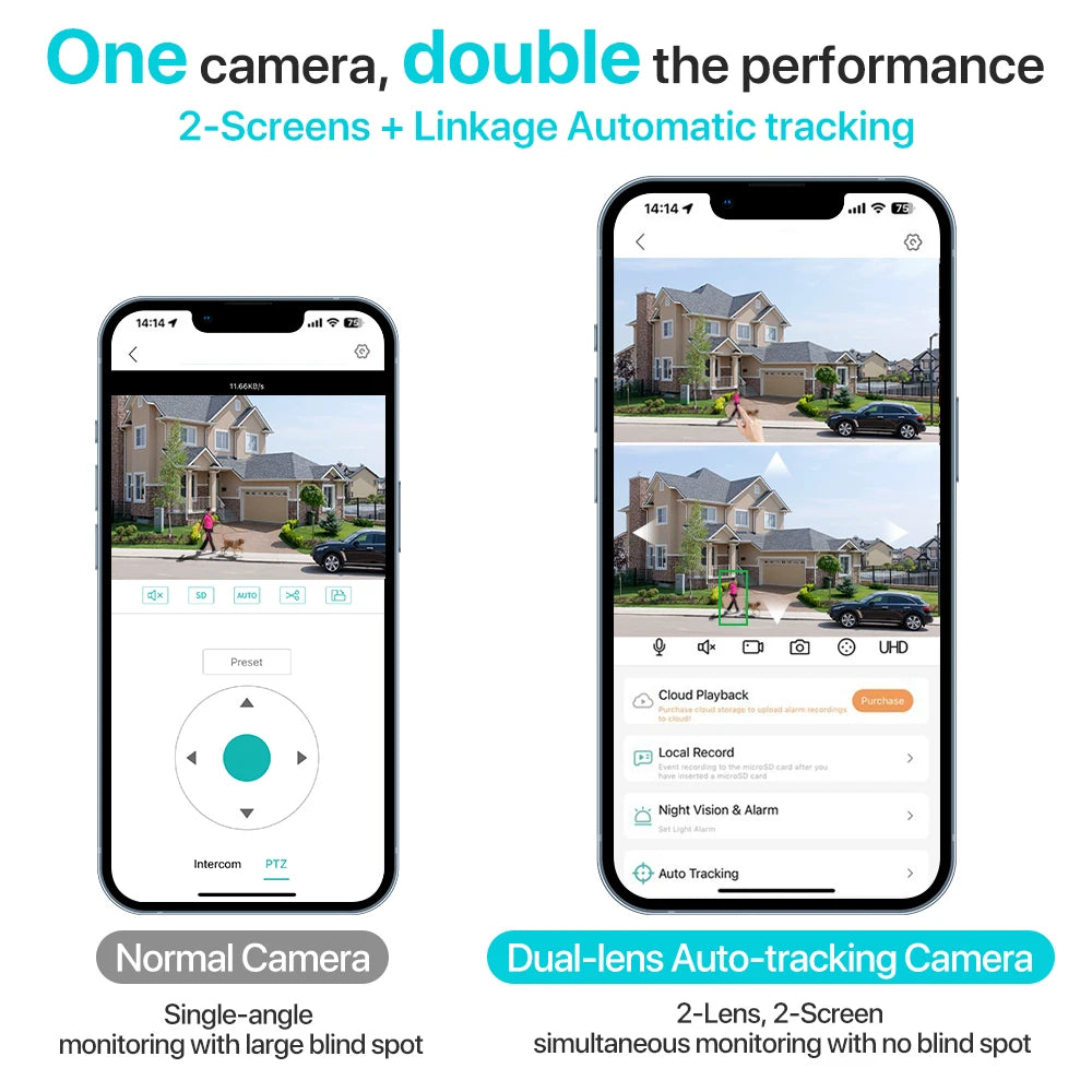 ZOONE™️Security Camera 4K 8MP HD Wifi PTZ Camera Outdoor 4MP Dual Lens Dual Screen AI Auto Tracking IP Camera CCTV Audio Video Surveillance P2P iCSee