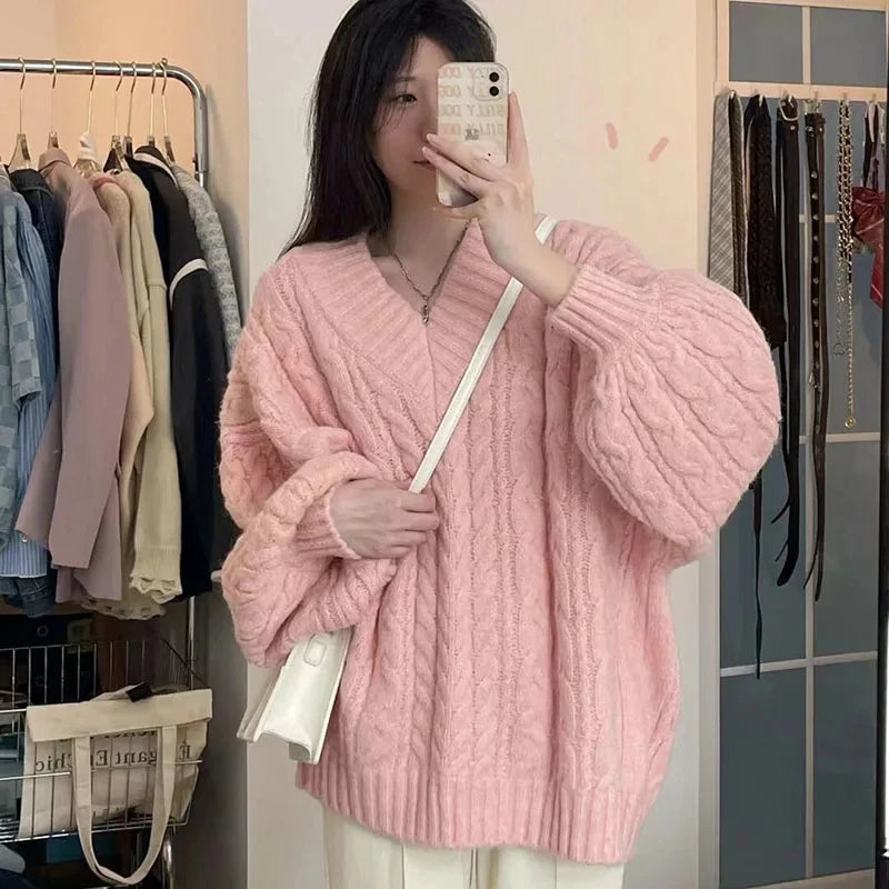 THE COZY COLLECTIVE™ |Adorable Autumn/Winter Sweater for Women, Oversized Knitted Pullovers Long Sleeve V Neck Knitwear