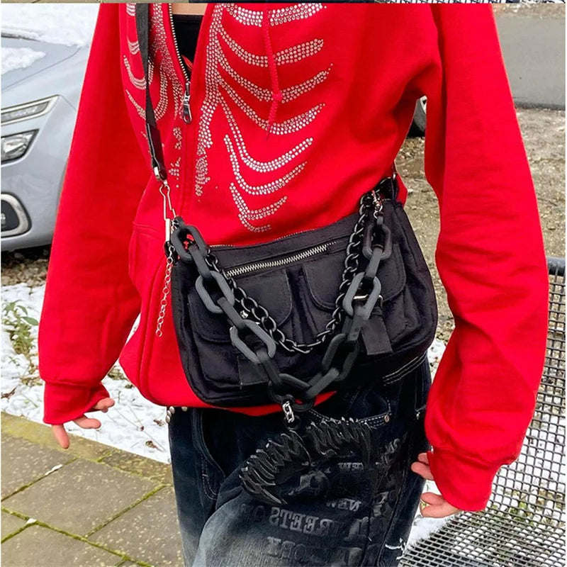 CHILL&THRILL™|Women Black Zip Up Oversized Sweatshirt, Streetwear Y2K Rhinestone Skeleton Hoodie