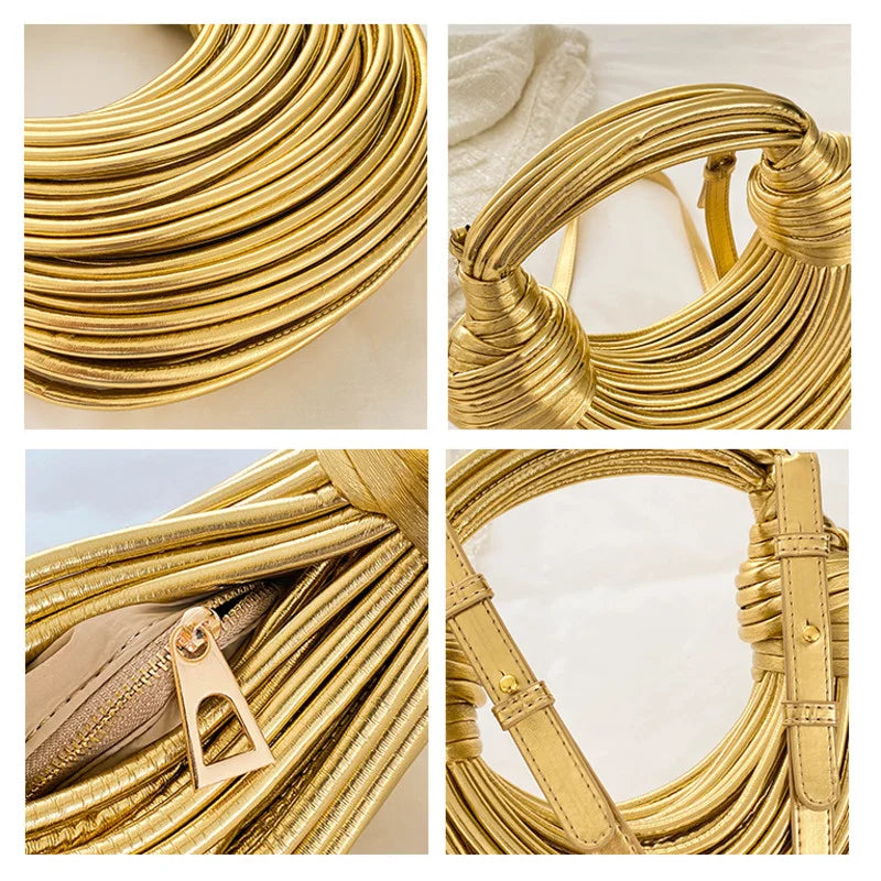 LUXEWEAVE™ | 2024 Women’s Luxury Handwoven Rope Knot Hobo Bag – Gold & Silver Designer Evening Clutch
