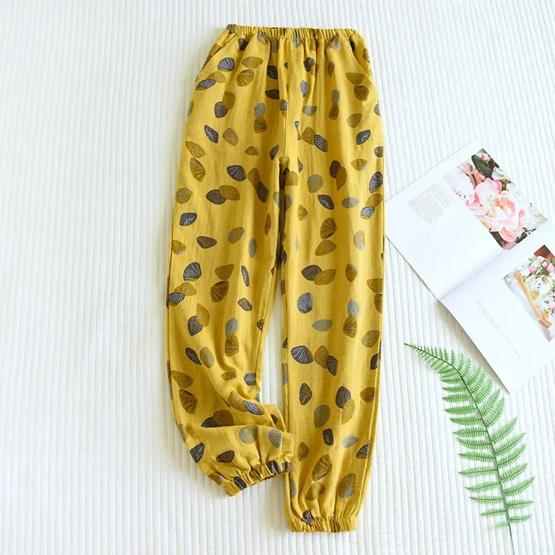 WOMAZE™ 2025 New Spring Summer Women's Pajamas 100% Cotton Crepe Pants Women's Comfortable Loose Large Leaf Home Pants Thin bottoms