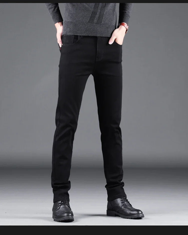 NEXDENIM™ | Men’s Pure Black Slim Jeans – Elastic Straight Fit Korean Vintage Denim Pants for Business & Casual Wear