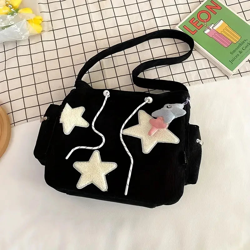STARLOOM™ Simple Star Pattern Large Tote Bag, Corduroy Drawstring Shoulder Bag, Cute Tote Canvas Bag