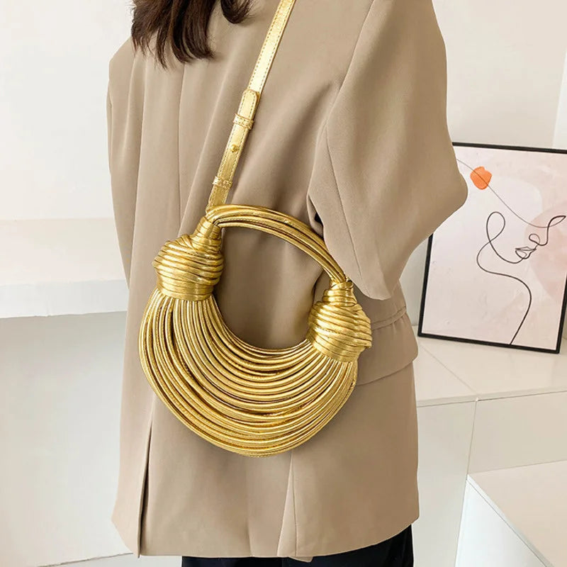 LUXEWEAVE™ | 2024 Women’s Luxury Handwoven Rope Knot Hobo Bag – Gold & Silver Designer Evening Clutch