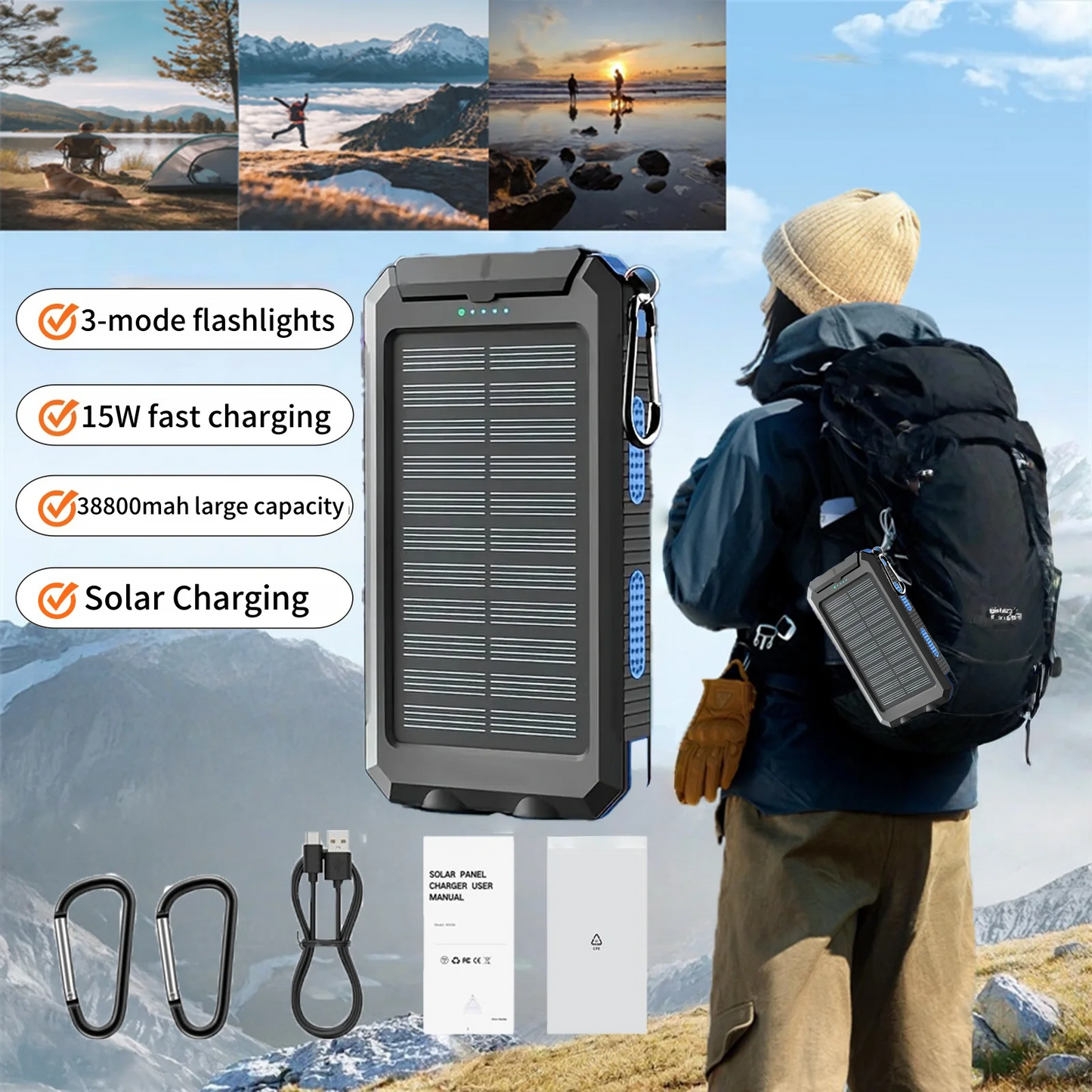 SOLUPUP™ |Waterproof Outdoor Solar Power Bank (38800mAh) Dual USB, for Outdoor Travel/Camping, Solar Mobile Phone Charger