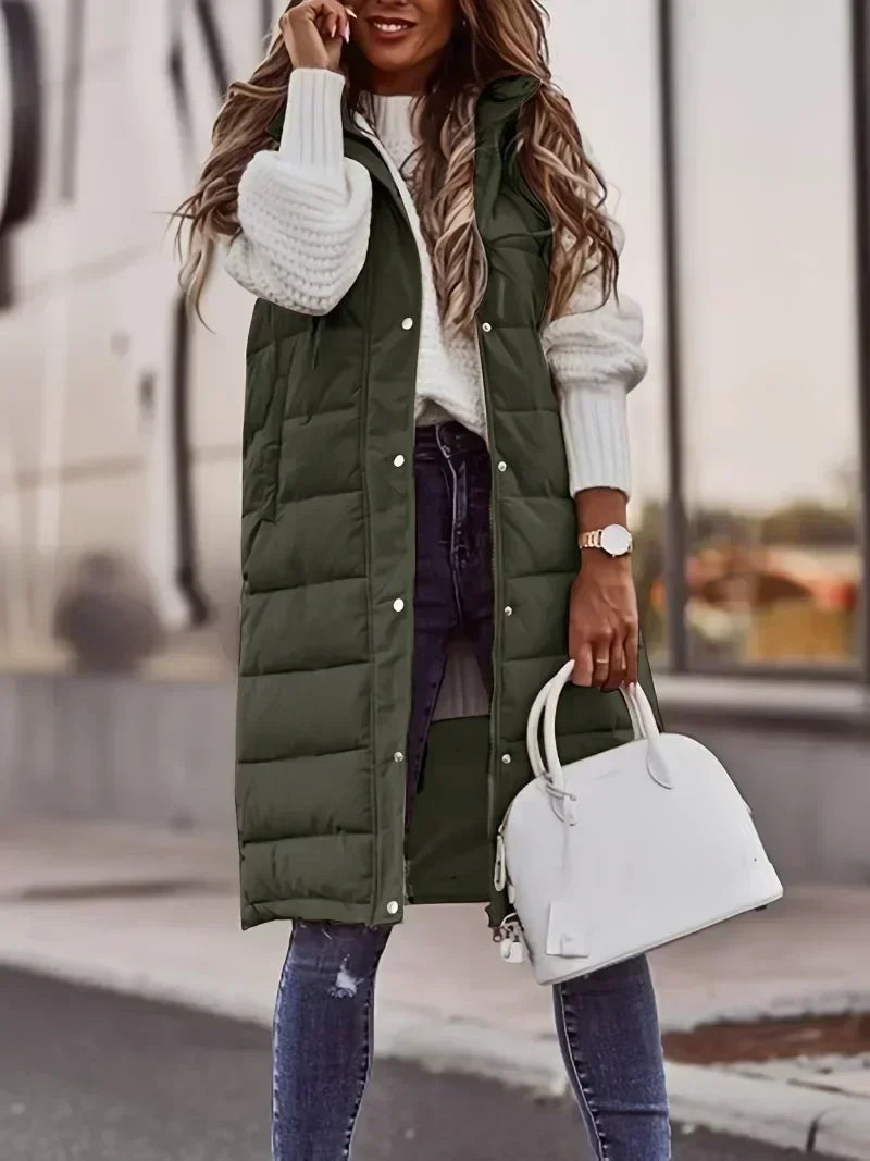 ELZO™ Chic Hooded Zipper Jacket Autumn Winter Women Long Oversize Waistcoat Sleeveless Fashion Warm Quilted Vest Down Coat