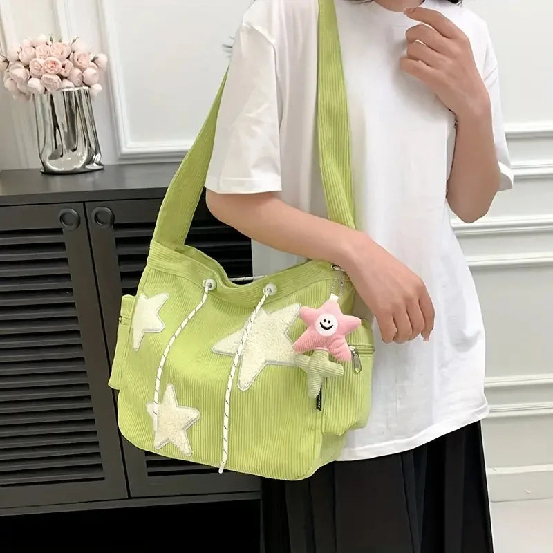 STARLOOM™ Simple Star Pattern Large Tote Bag, Corduroy Drawstring Shoulder Bag, Cute Tote Canvas Bag