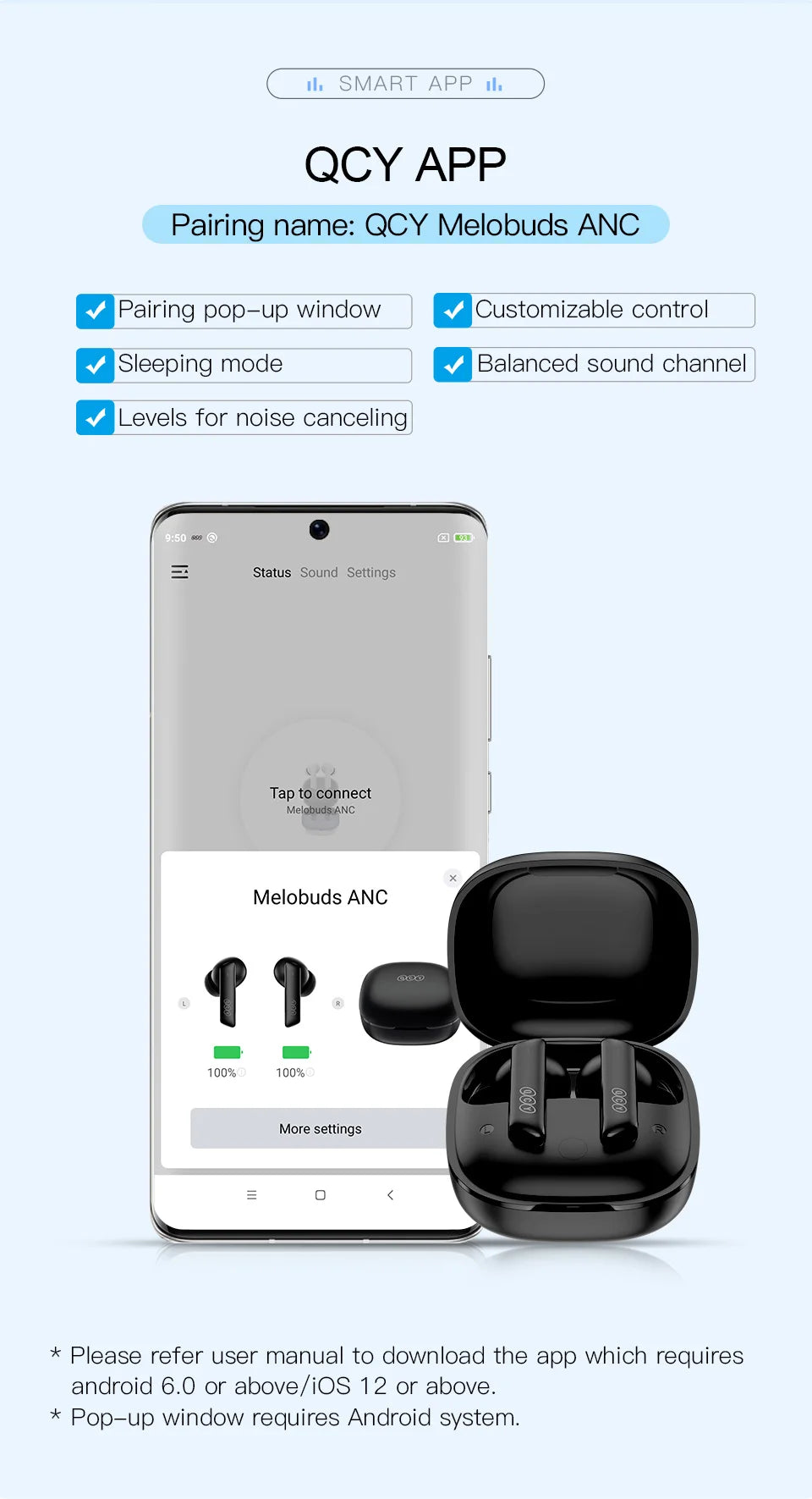 QCY™ HT05 ANC Wireless Earbuds 40dB Noise Cancelling Bluetooth 5.2 6-Mic ENC HD Call Transparency Mode TWS