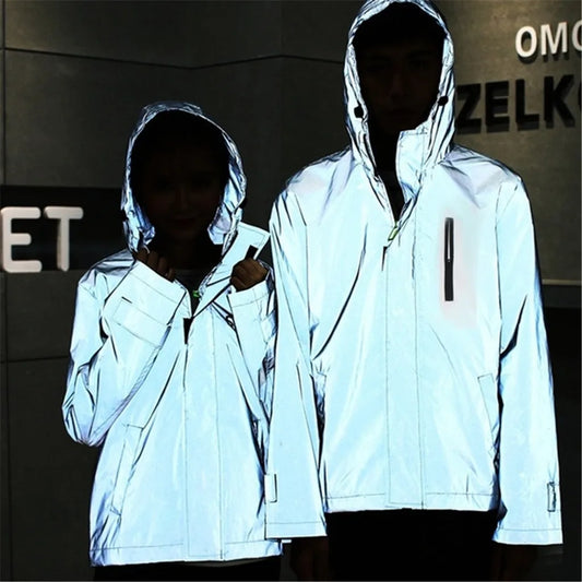 NIGHTVISION™ Jacket Outdoor Sport Casual Night Reflective Jacket Men Women Shiny High Steet Hip Hop Zipper Hooded Outwears Personality Windbreaker,